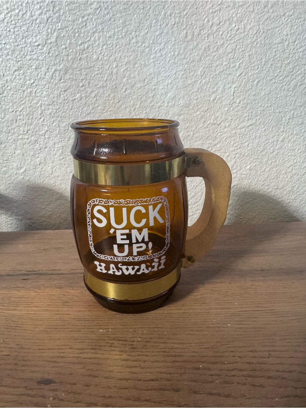 Hawaii Amber Glass Beer Stein Mug with Wooden Handle